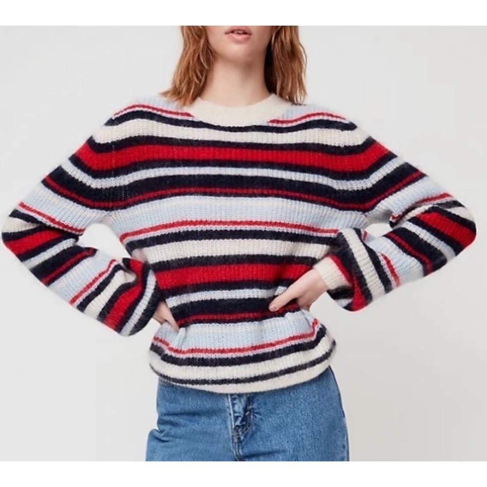 Aritzia Little Moon Women Wool/Mohair Blend Pullover Sweater  sz Small Striped V